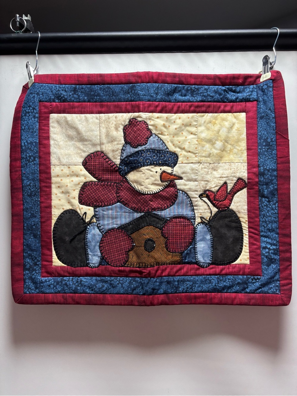 Quilted Snowman Wall Tapestry in Red and Blue